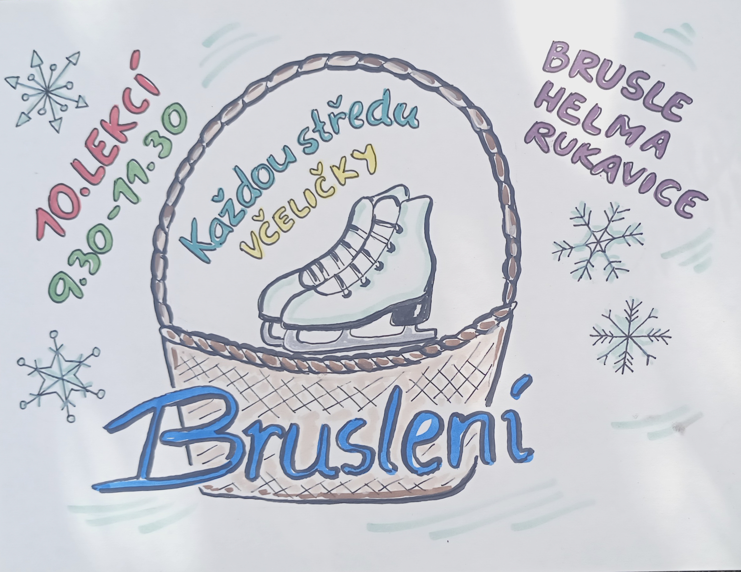 Ilustrovaný plakát s košíkem bruslí a nadpisem Bruslení.