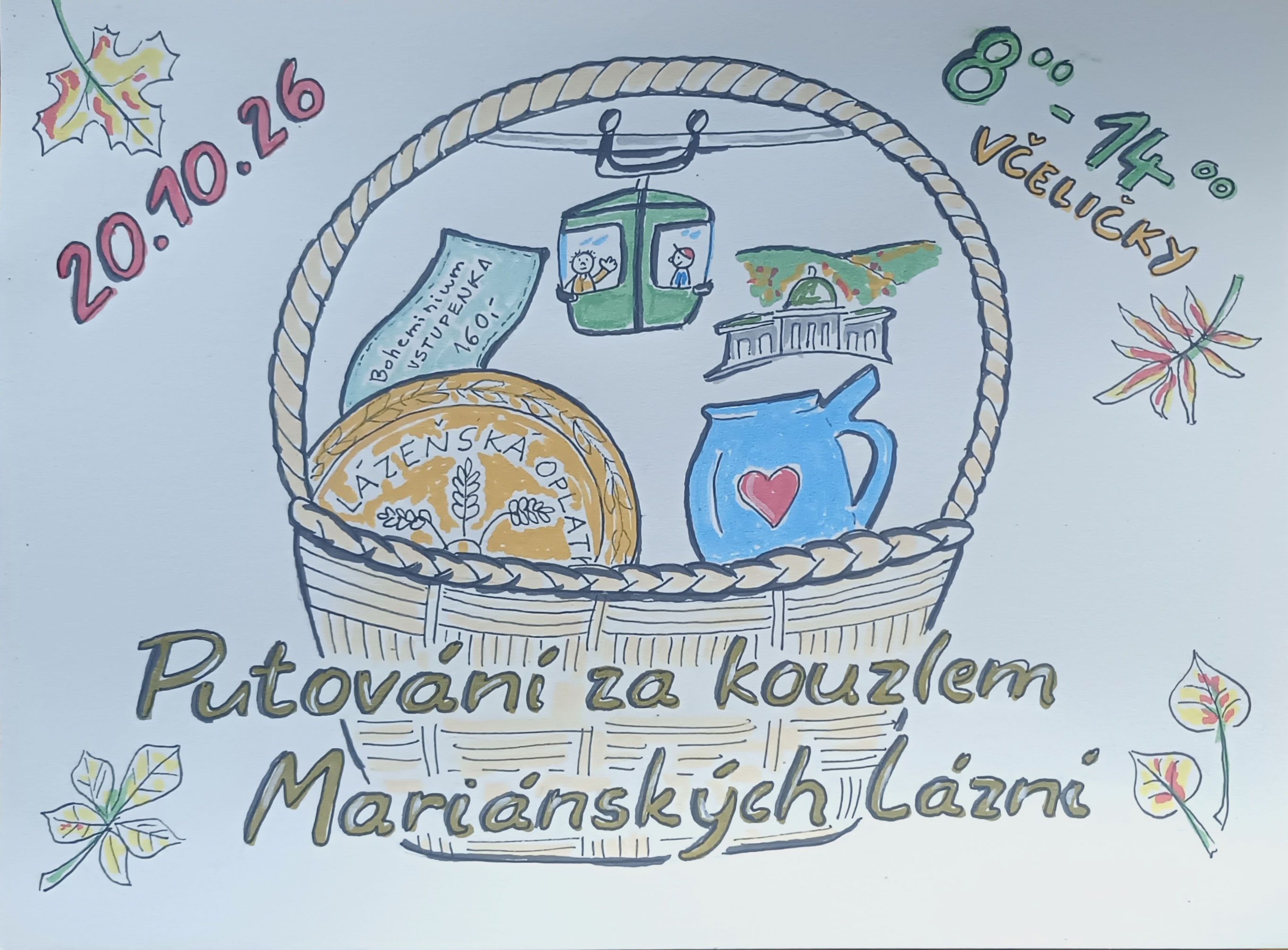 Ilustrovaný plakát s košíkem a nápisem Putování za kouzlem Mariánských Lázní.
